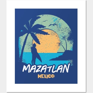 Retro Sunset Mazatlan Mexico Surfing // Retro Surfer Beach Posters and Art